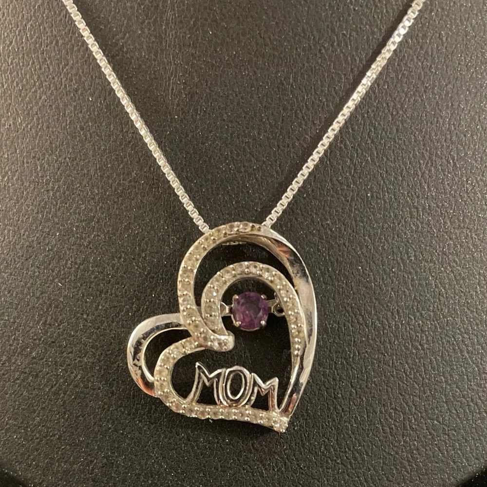 Heart Shaped Mom Necklace Amethyst White Topaz Pendant